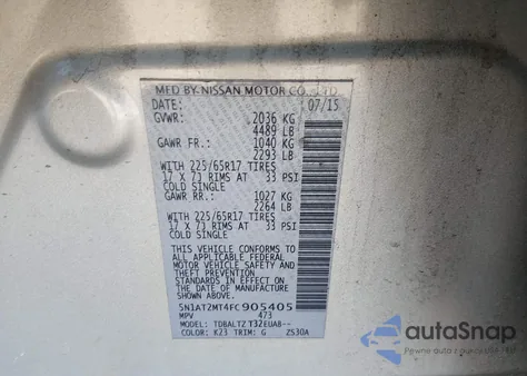 2015 Nissan Rogue Sv z USA, uszkodzony, nr VIN 5N1AT2MT4FC905405